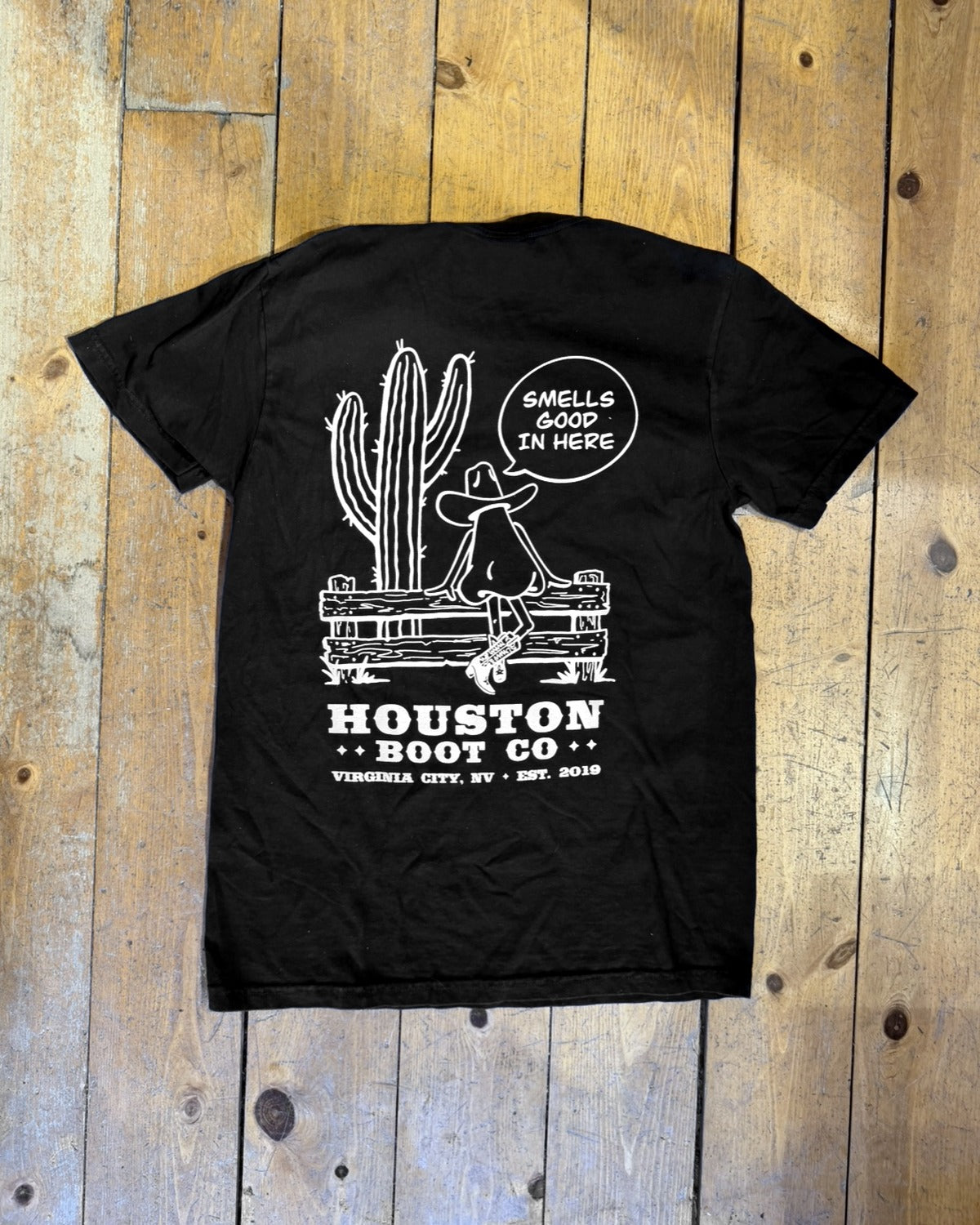 Smells Good T-Shirt, back with Smells Good in Here cactus cowboy graphic